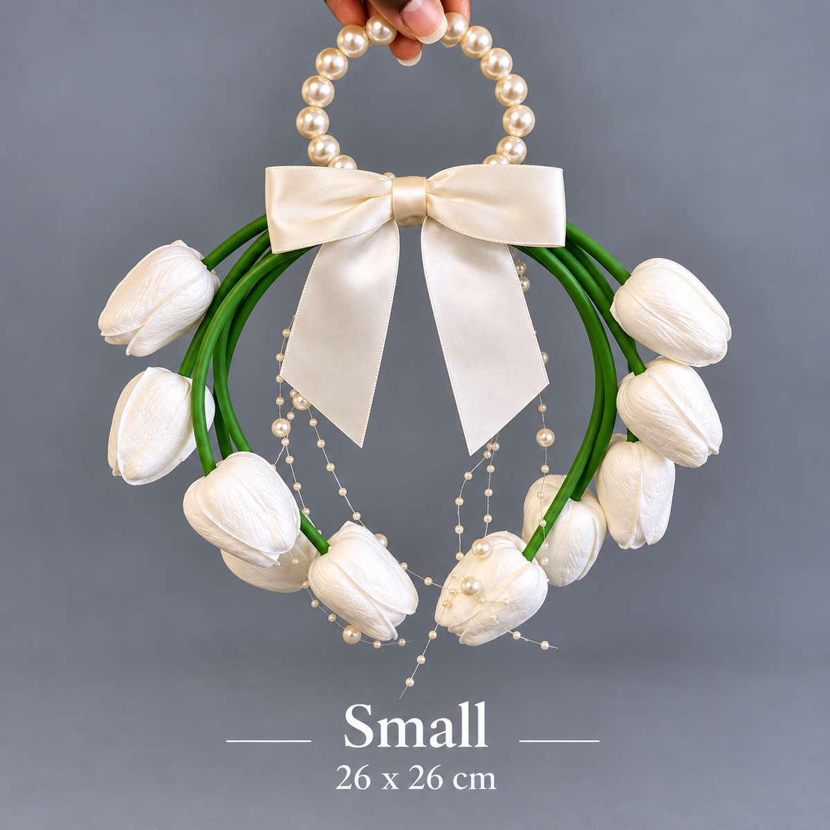 Eden ivory tulip pearl hoop bouquet with satin bow