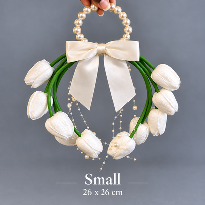 Eden ivory tulip pearl hoop bouquet with satin bow