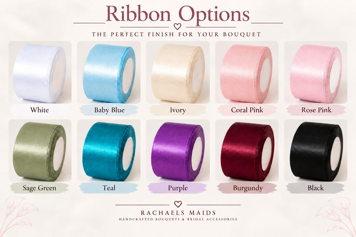 Ribbon colour chart: White, Baby Blue, Ivory, Coral Pink, Rose Pink, Sage Green, Teal, Purple, Burgundy and Black.