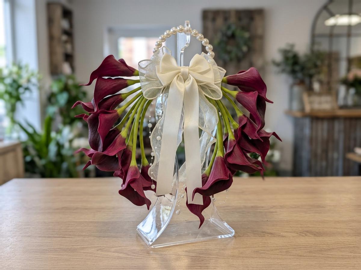 Tori Burgundy calla lily bridal bouquet with ivory ribbon and pearl handle