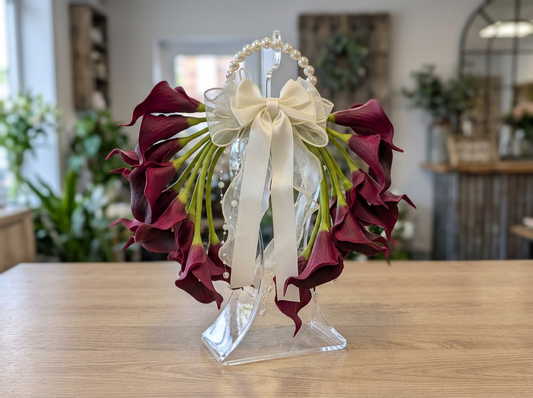 Tori Burgundy calla lily bridal bouquet with ivory ribbon and pearl handle