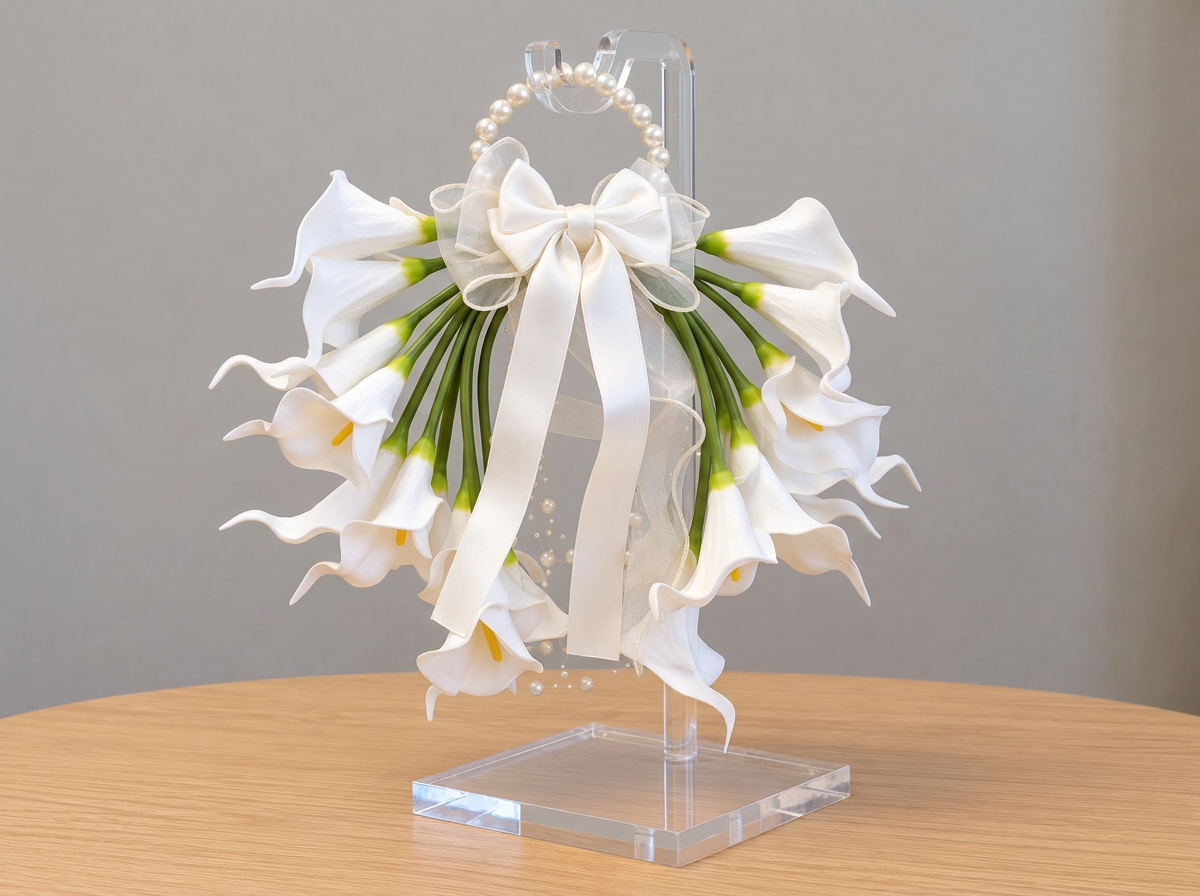 Tori artificial calla lily bridal bouquet with pearl handle and ivory satin and organza bows