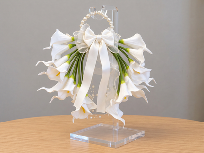 Tori artificial calla lily bridal bouquet with pearl handle and ivory satin and organza bows