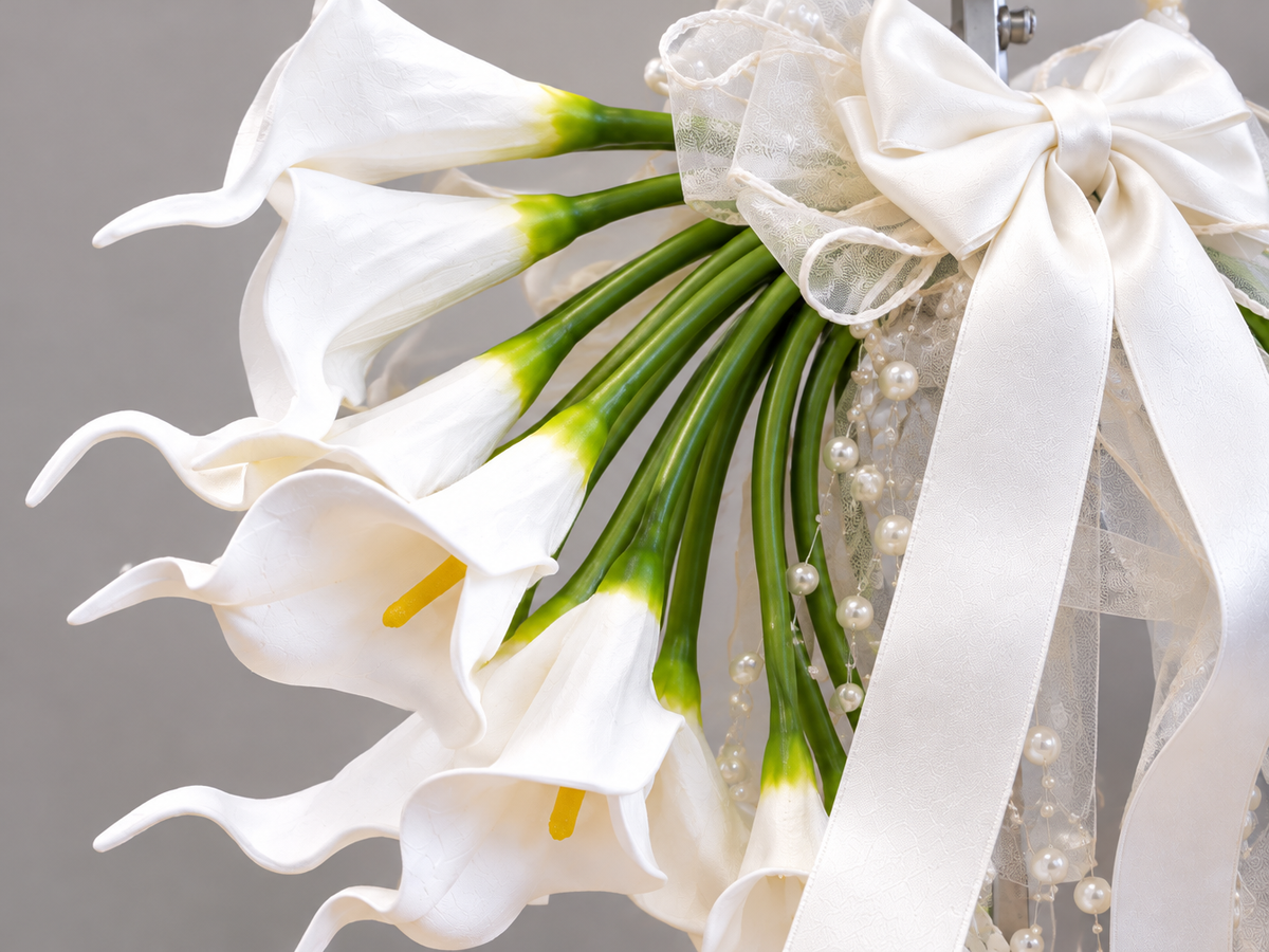 Tori white calla lilies and cascading pearl detail