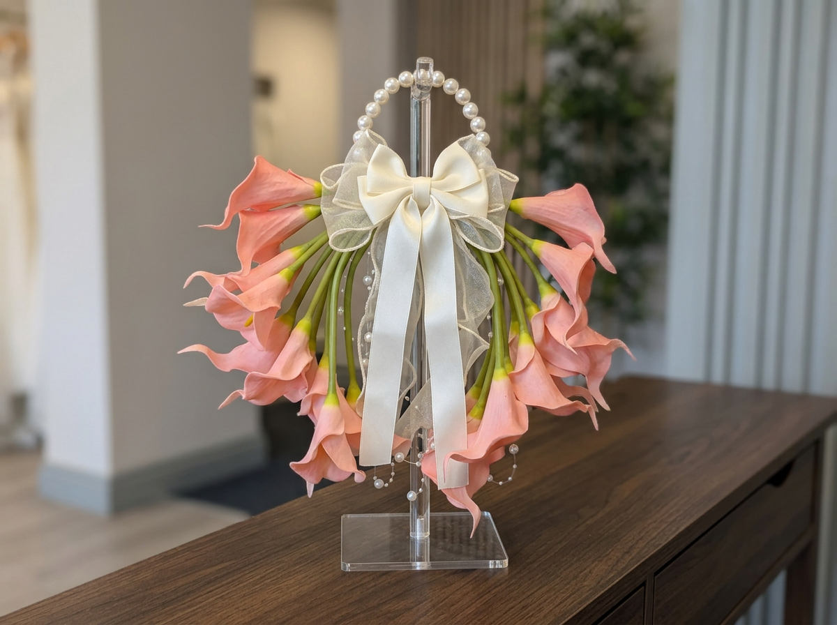 Tori pink calla lily bridal hoop bouquet with pearl handle and ivory bow